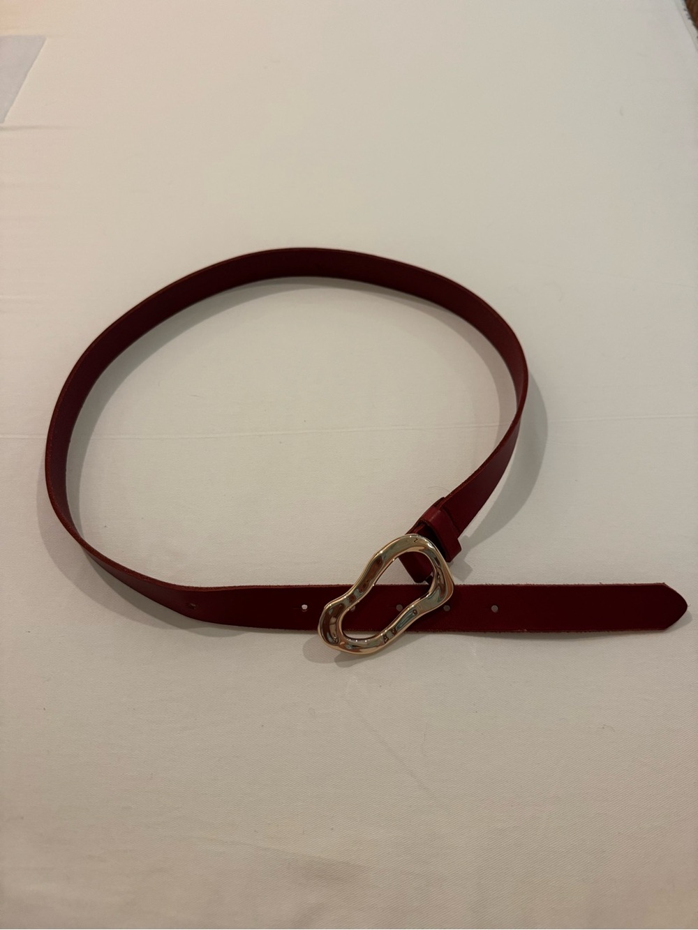 Anthropologie Deep Red Leather Belt with Gold Sculpted Link Buckle